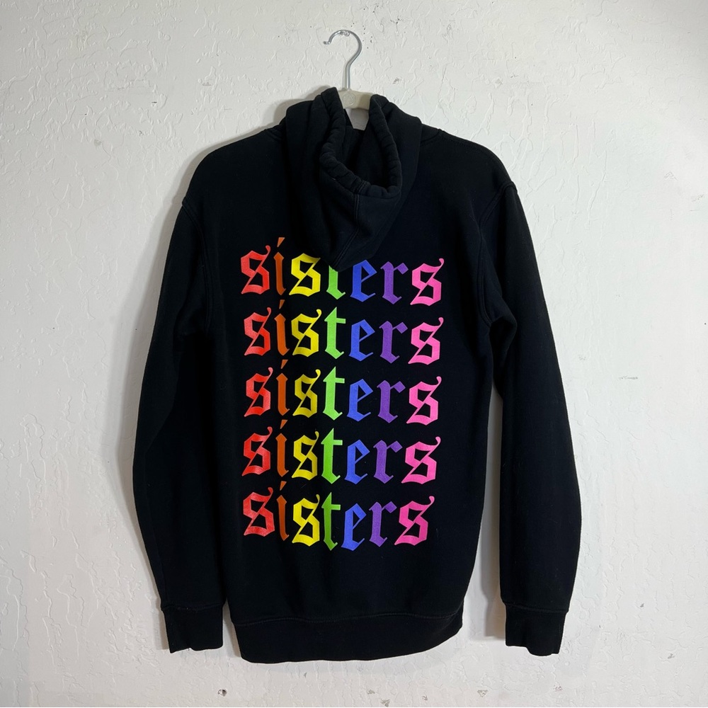 Sisters by Safety Pin Black Hoodie Size Small Repeating Multicolor sisters print
